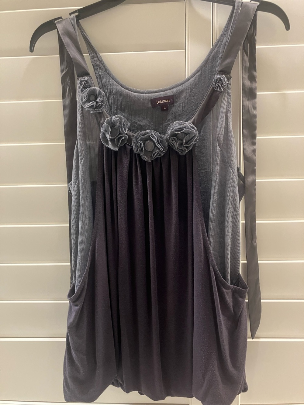 Lulumari Gray Floral Rosette Ribbon-Shoulder Tank